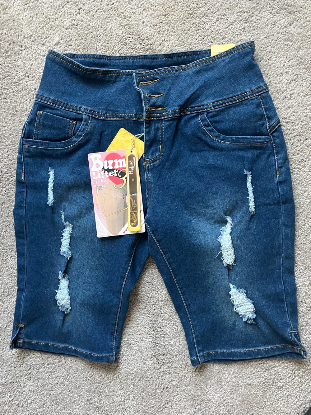 Hybrid & company Dark Blue Distressed High-Waist Bermuda Shorts